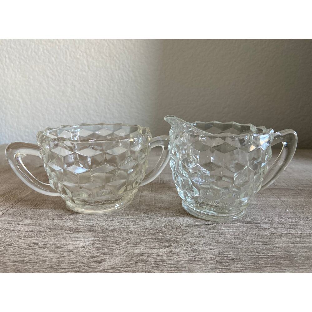 Vintage Clear Depression Glass Diamond Pattern Creamer and Sugar Set